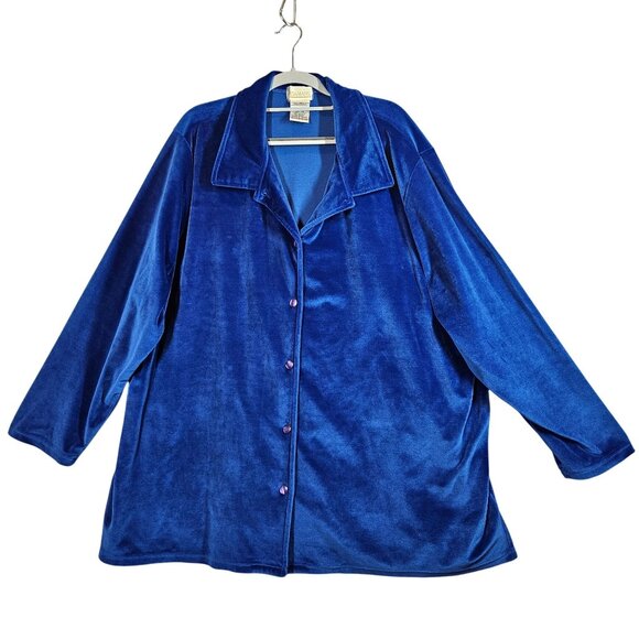 Roamans Womens 2X Blue Velour Button-Front Jacket With Collar Long Sleeves Warm - Picture 1 of 11